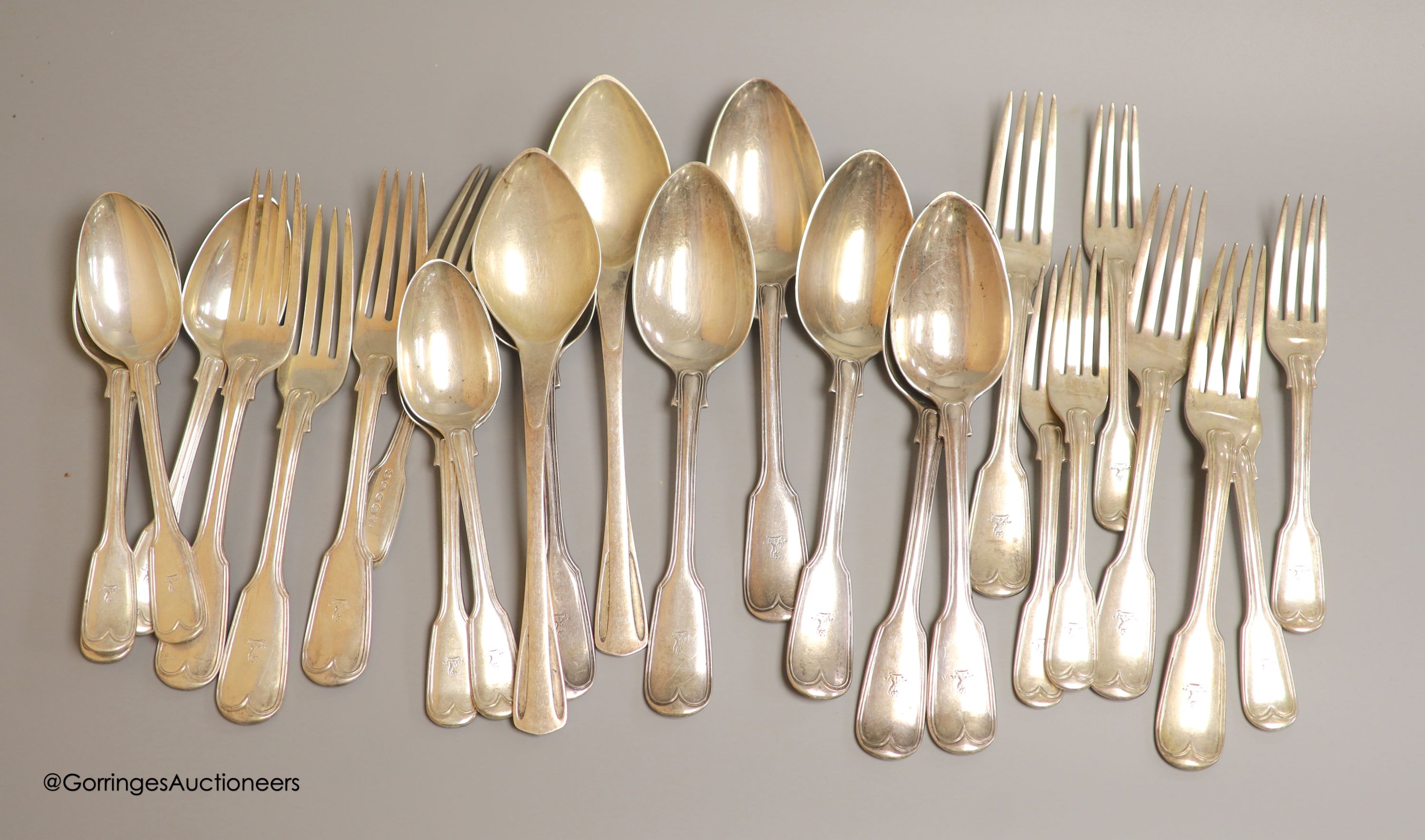 A part canteen of Victorian silver fiddle and thread pattern flatware, comprising thirty items, Hayne & Cater, London, 1842/3